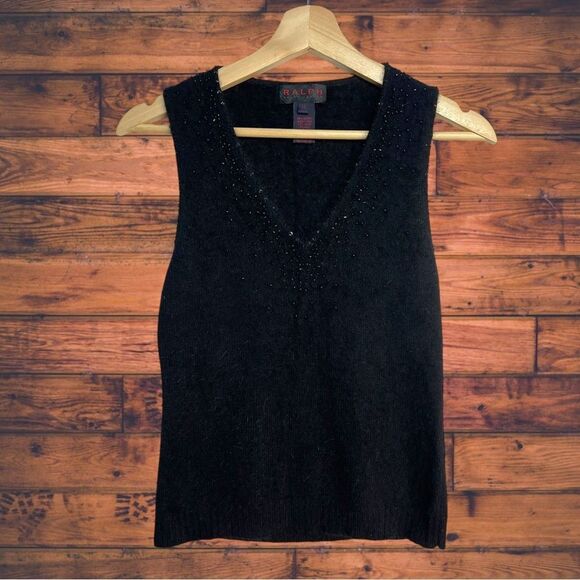 Ralph Lauren Black Label Rabbit Fur/ Wool Beaded Tank Blouse Medium - Picture 1 of 6